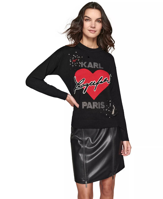 KARL LAGERFELD PARIS Women's Embellished Heart Graphic Sweater