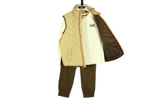 Lee Boy's Set - 3 piece Long Sleeve Jersey Tee, Quilted Vest and Brown Pant