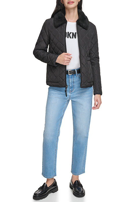 DKNY Cropped Black Jacket & Diamond Quilted with Black Faux Fur Trim