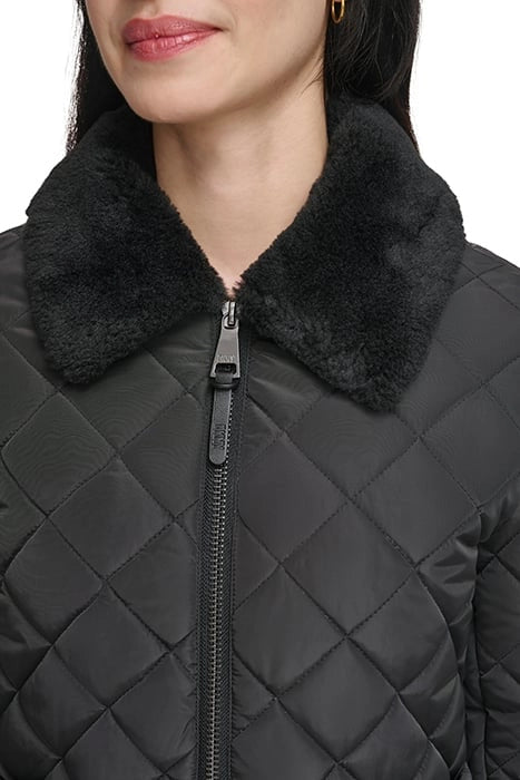 DKNY Cropped Black Jacket & Diamond Quilted with Black Faux Fur Trim
