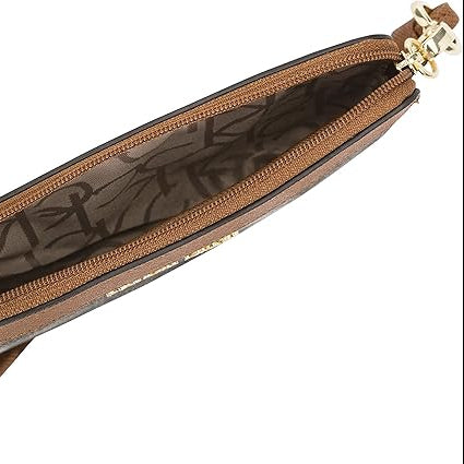 Brown leather pouch with gold zipper and strap