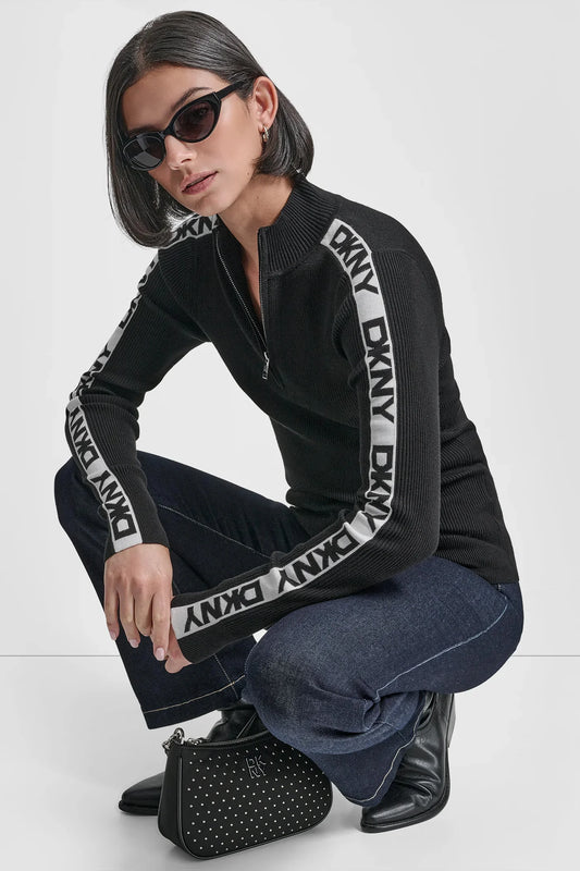 DKNY LONG SLEEVE 1/4 ZIP LOGO TAPE SWEATER