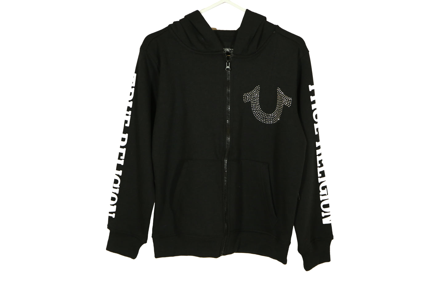 True Religion Hoodie with white text on sleeves and front logo