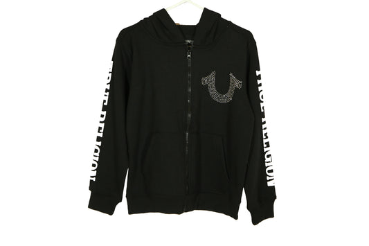 True Religion Hoodie with white text on sleeves and front logo