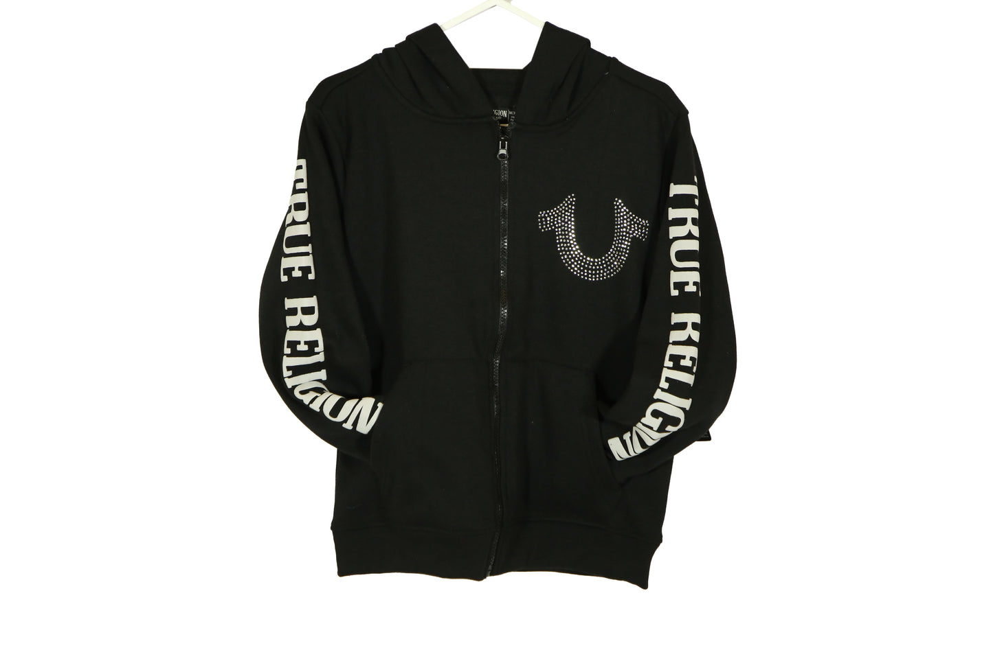 True Religion Hoodie with white text on sleeves and front logo