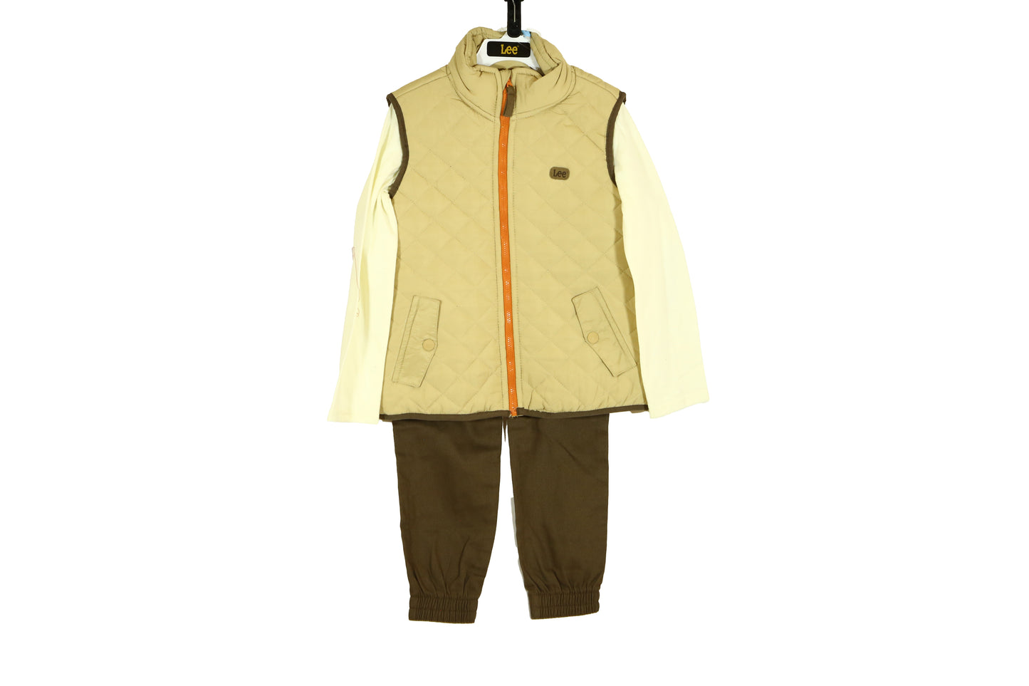 Lee Boy's Set - 3 piece Long Sleeve Jersey Tee, Quilted Vest and Brown Pant