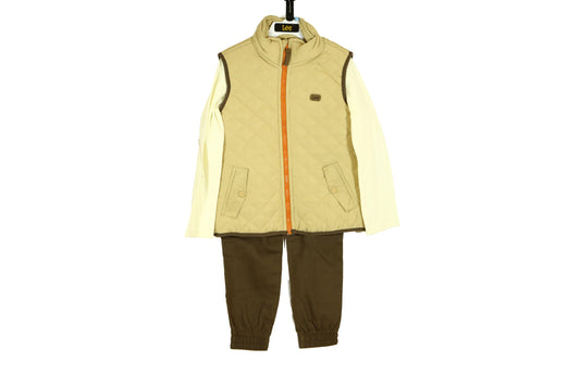 Lee Boy's Set - 3 piece Long Sleeve Jersey Tee, Quilted Vest and Brown Pant