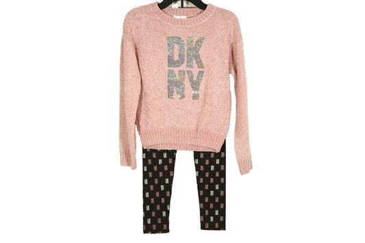 DKNY Girl 2 Pieces Knitted Sweater And Leggings Set, Pink/Charcoal