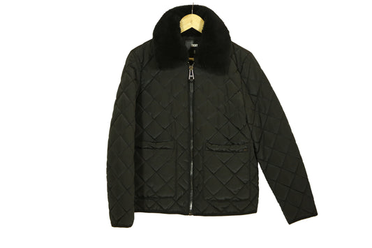 DKNY Cropped Black Jacket & Diamond Quilted with Black Faux Fur Trim