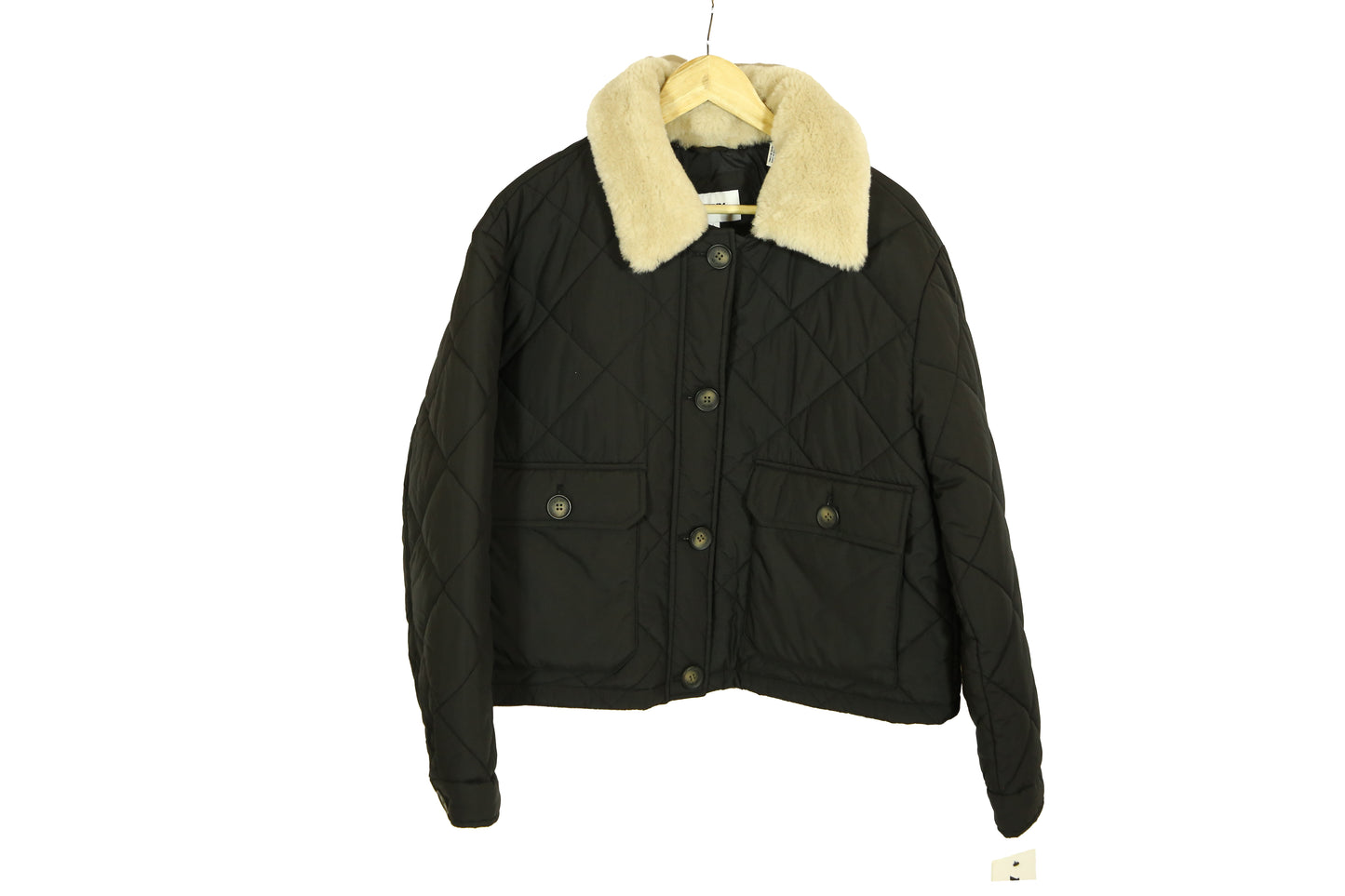 DKNY Cropped Black Jacket & Diamond Quilted with Beige Faux Fur Trim