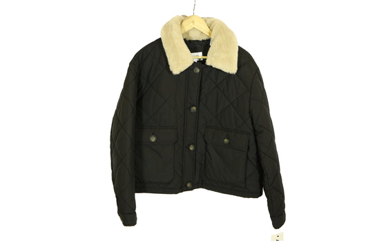 DKNY Cropped Black Jacket & Diamond Quilted with Beige Faux Fur Trim