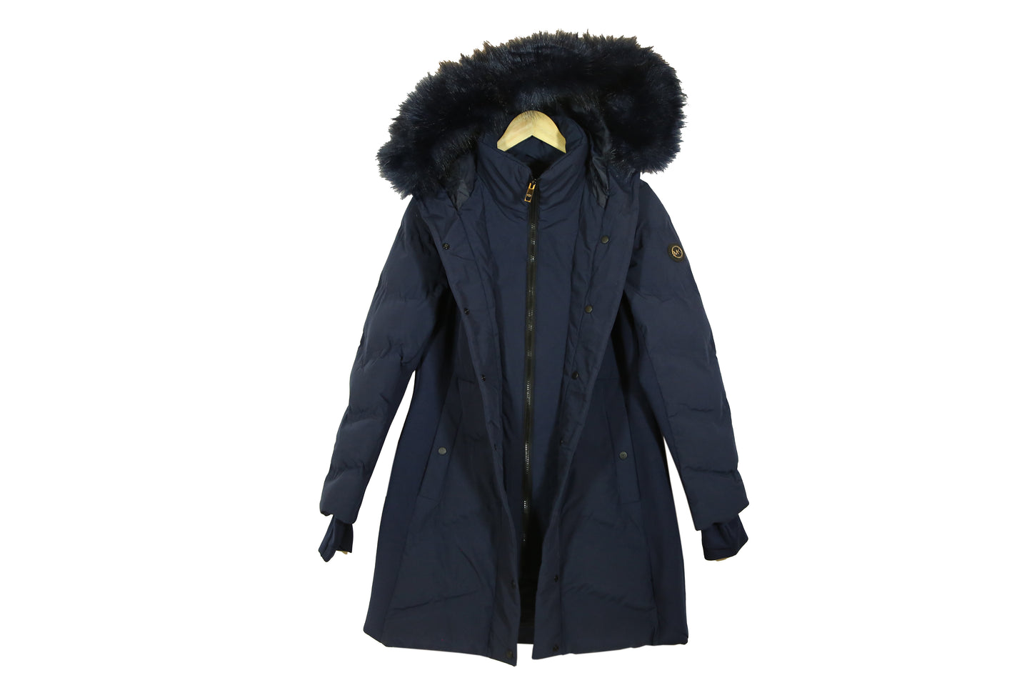 Michael Kors Faux Fur Trim Quilted Puffer Coat Navy Blue