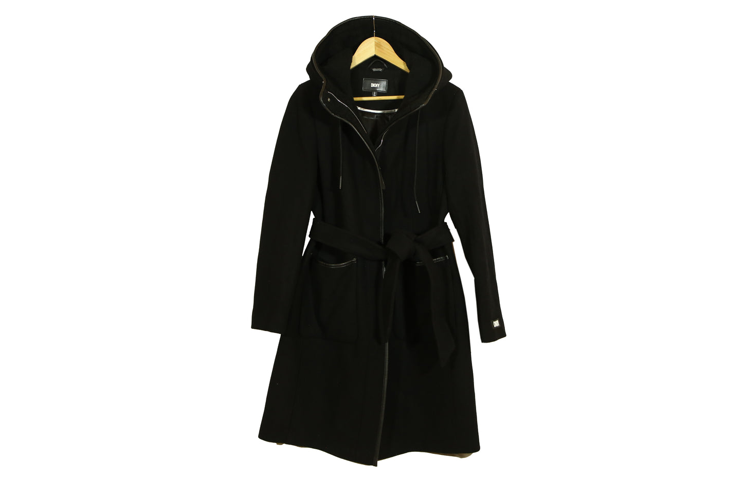 DKNY Women's Faux-fur Hooded Wool Blend Belted Long Coat In Black