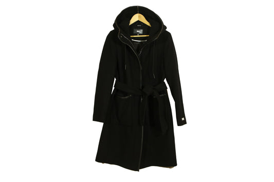 DKNY Women's Faux-fur Hooded Wool Blend Belted Long Coat In Black