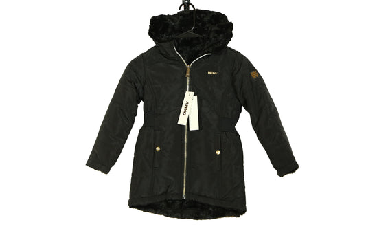 DKNY Girl's Winter Long Jacket - Full Zip Up Faux Fur Hooded