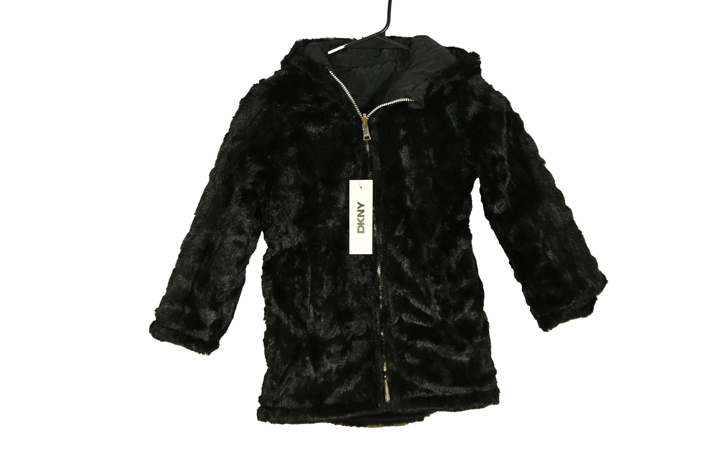 DKNY Girl's Winter Long Jacket - Full Zip Up Faux Fur Hooded