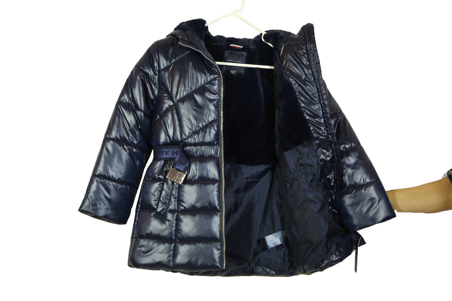 Tommy Hilfiger Girl's Logo Belted Waist Hooded Puffer Jacket