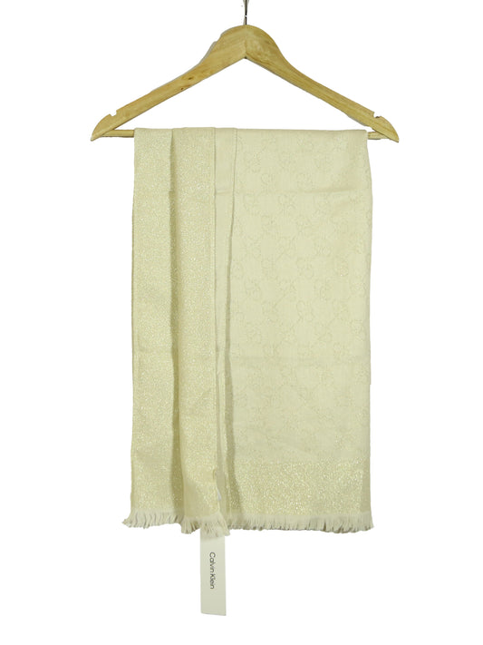 Calvin Klein Metallic Logo Scarf With Eyelash Fringe- Gold