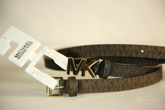 Michael Kors Brown and Black signature monogram logo belts with gold buckle- Pack of 2