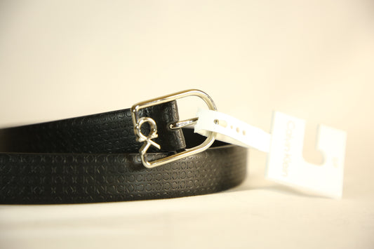Calvin Klein Monogram Engrave Leather Belt with a silver buckle