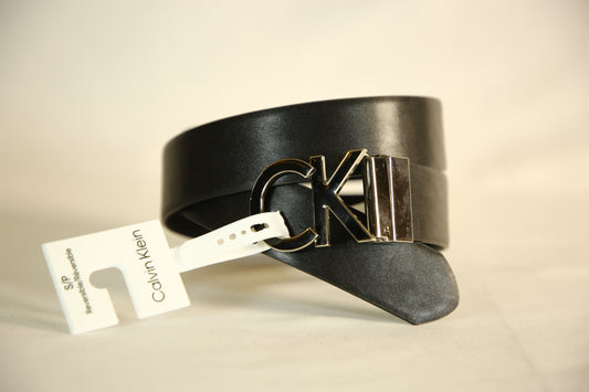 Calvin Klein Reversible Monogram Engrave Leather Belt/Solid Black with a Silver buckle