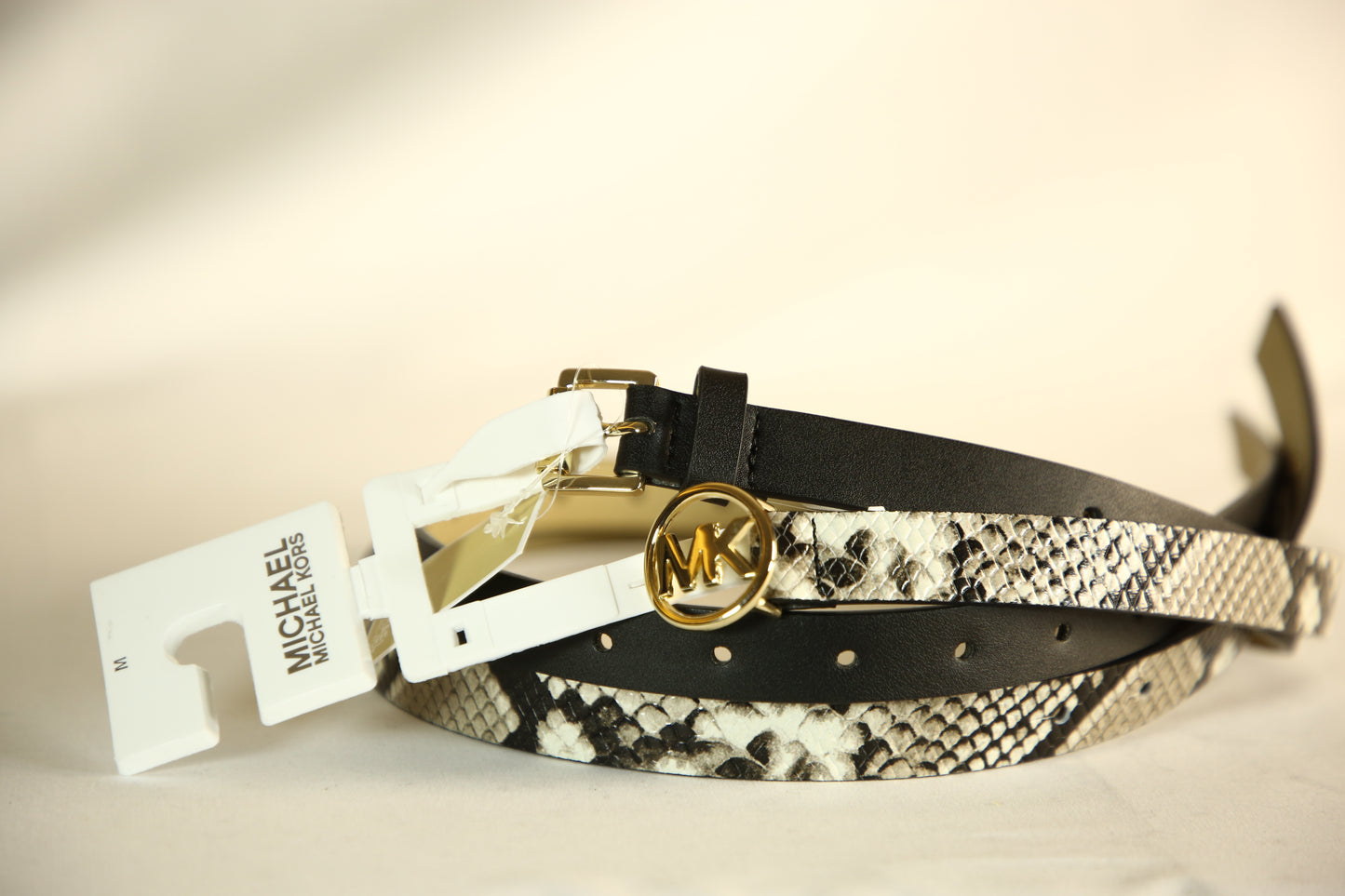Michael Kors Black and Snake print belts with gold buckle- Pack of 2