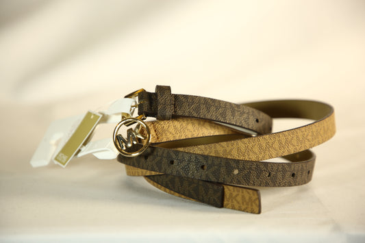 Michael Kors Brown and Camel signature monogram logo belts with gold buckle- Pack of 2