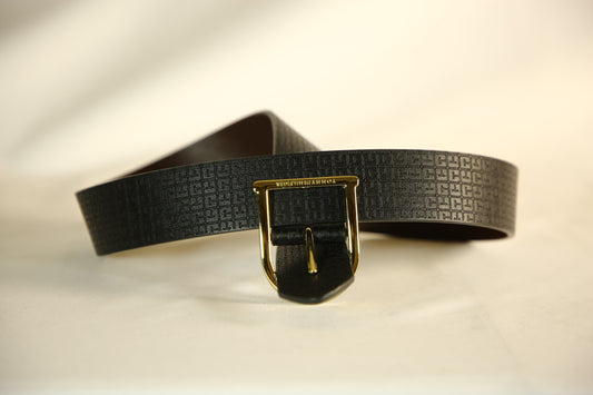 Tommy Hilfiger Black Monogram Engrave Belt with a Gold buckle