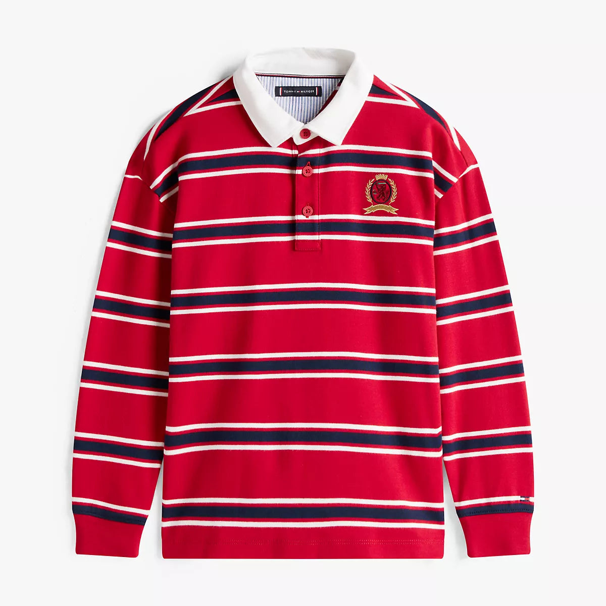 Tommy Hilfiger red and navy striped polo shirt with a logo 
