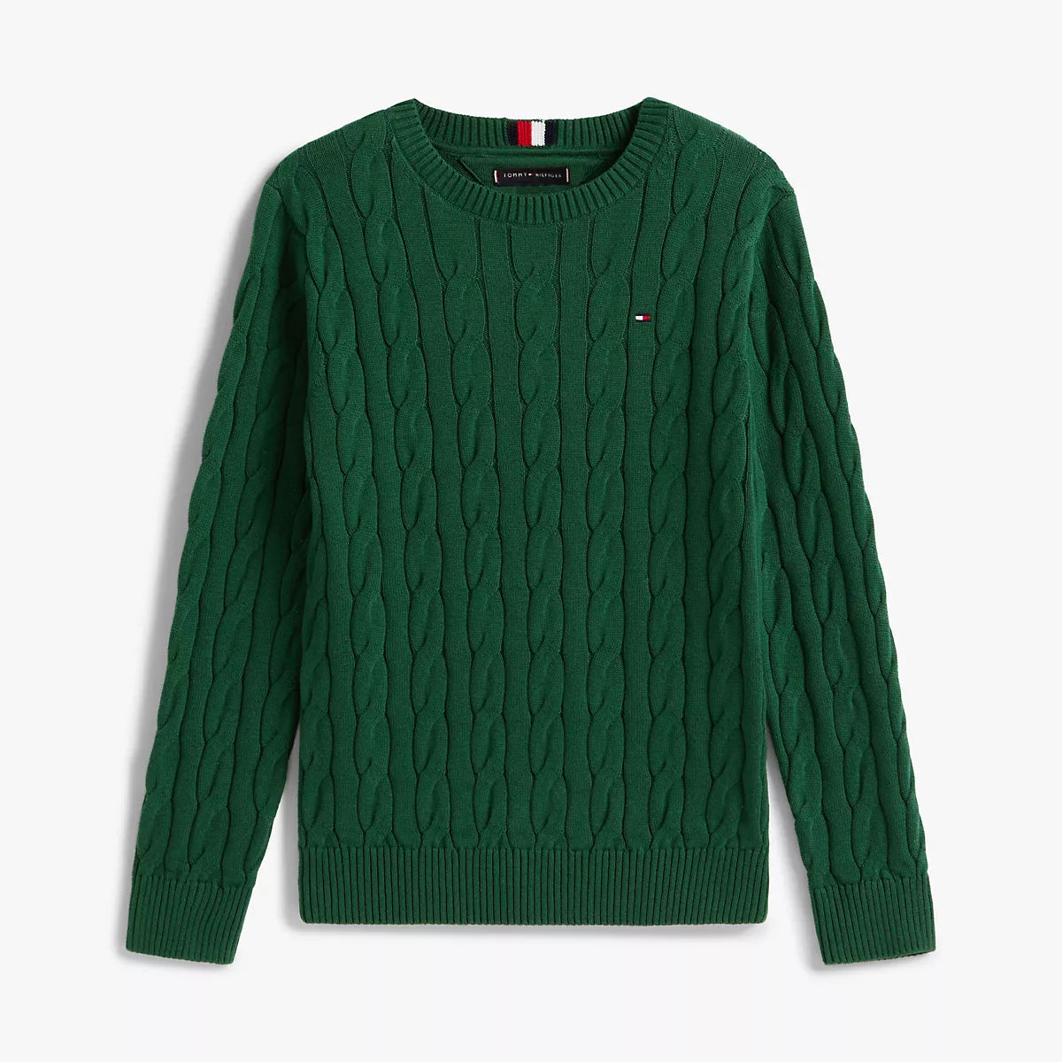 Green cable-knit sweater with Tommy Hilfiger brand logo 