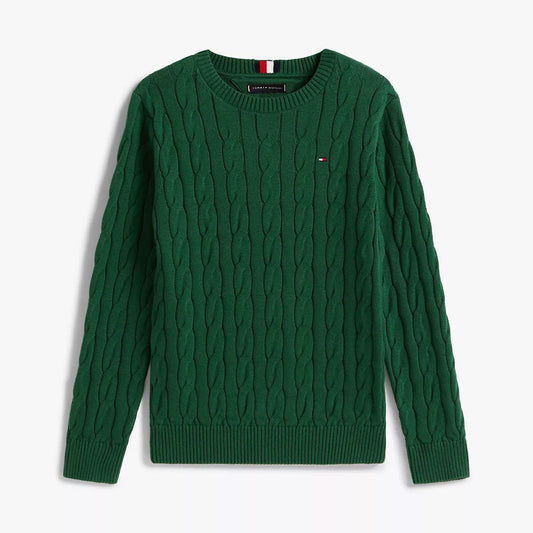 Green cable-knit sweater with Tommy Hilfiger brand logo 