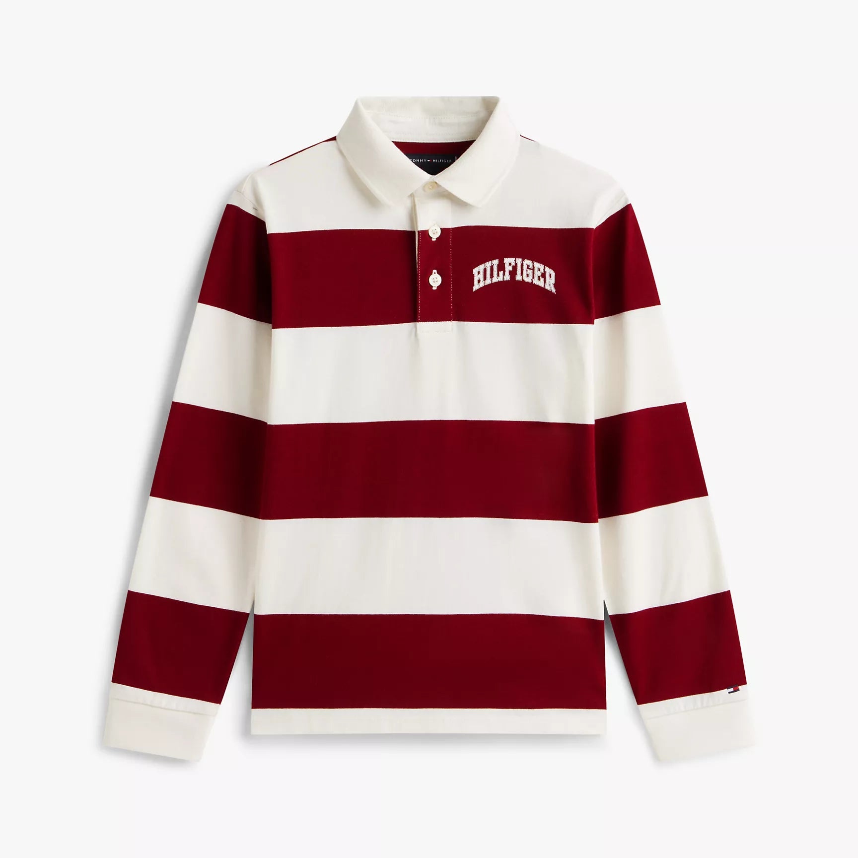 Red and white striped polo shirt with Tommy Hilfiger logo