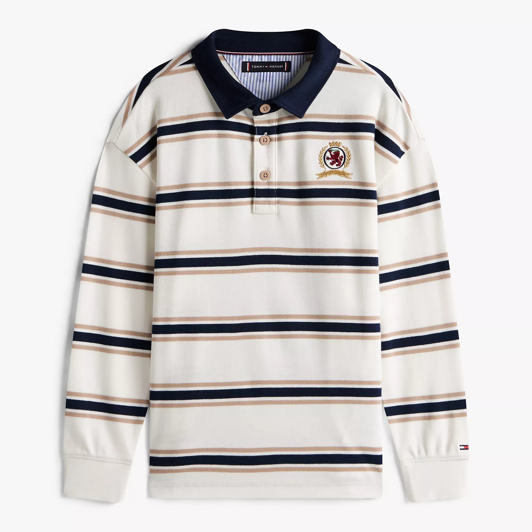 Long-sleeve striped polo shirt with a brand logo