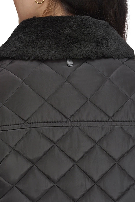 DKNY Cropped Black Jacket & Diamond Quilted with Black Faux Fur Trim
