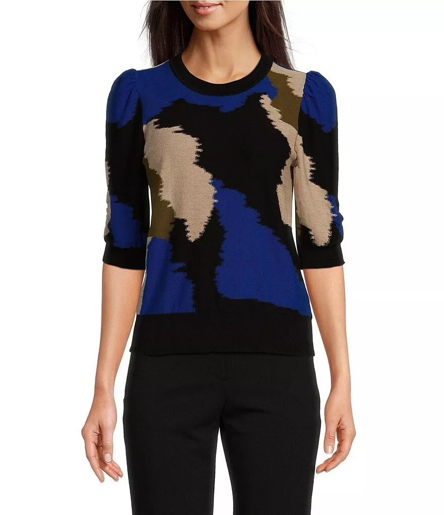 DKNY Donna Karan Women's Crew Neck Elbow Puff Sleeve Knit Top