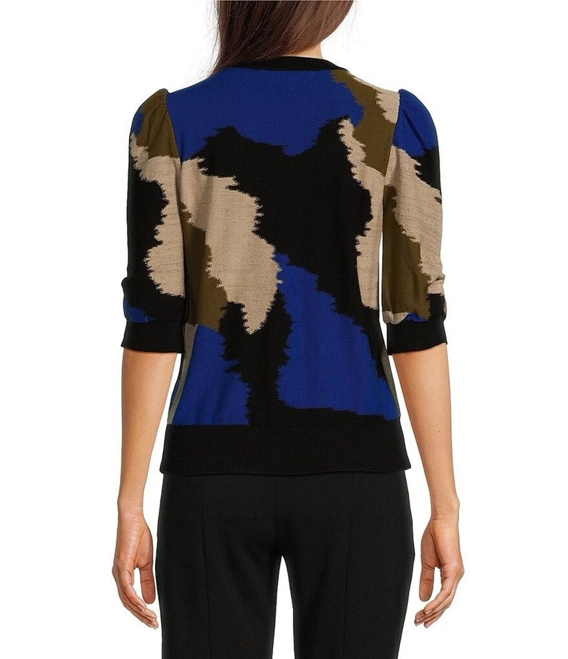 DKNY Donna Karan Women's Crew Neck Elbow Puff Sleeve Knit Top