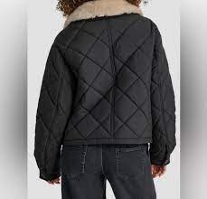 DKNY Cropped Black Jacket & Diamond Quilted with Beige Faux Fur Trim