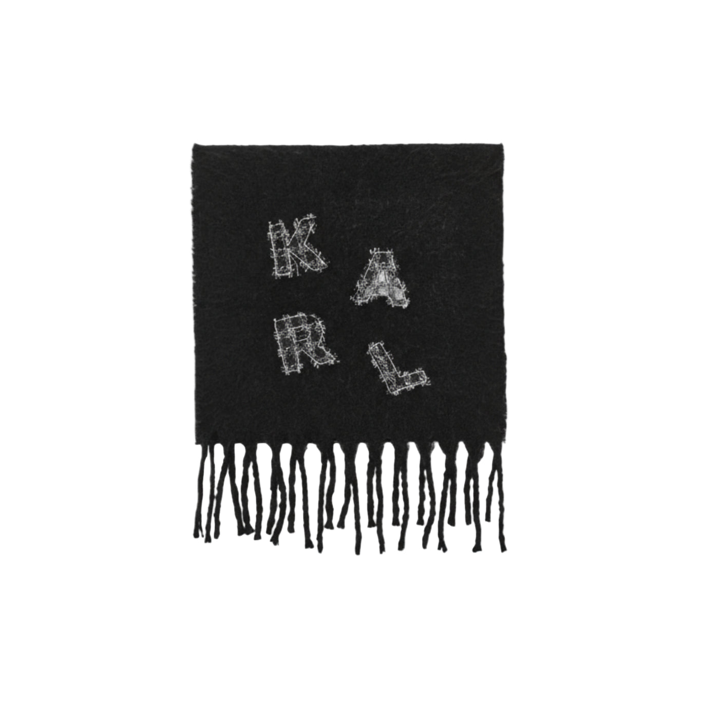 Karl Lagerfeld black wool logo patch scarf with fringe, stylish designer accessory for women 