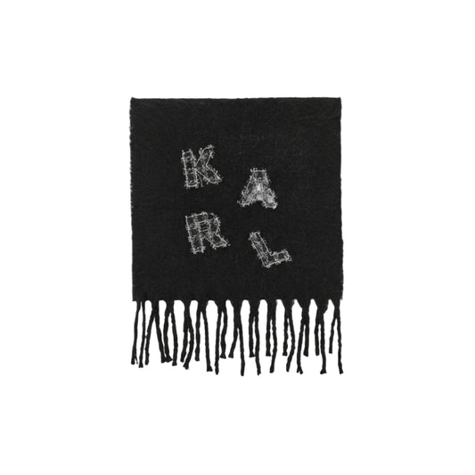 Karl Lagerfeld black wool logo patch scarf with fringe, stylish designer accessory for women 