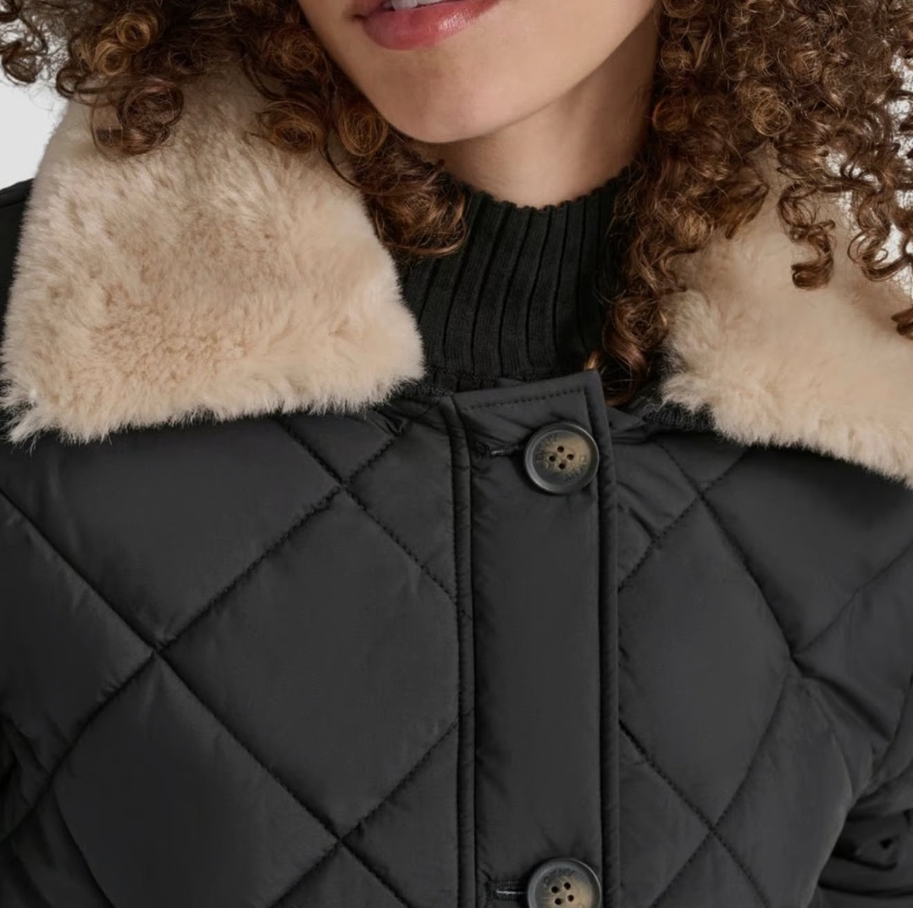 DKNY Cropped Black Jacket & Diamond Quilted with Beige Faux Fur Trim