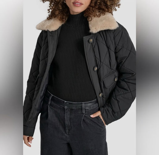 DKNY Cropped Black Jacket & Diamond Quilted with Beige Faux Fur Trim