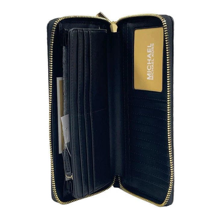 Open black wallet with gold zipper and 'Michael Kors' branding 